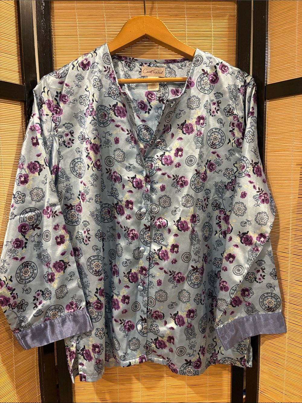 Silk-Feel Lavender Floral Button-Front Blouse